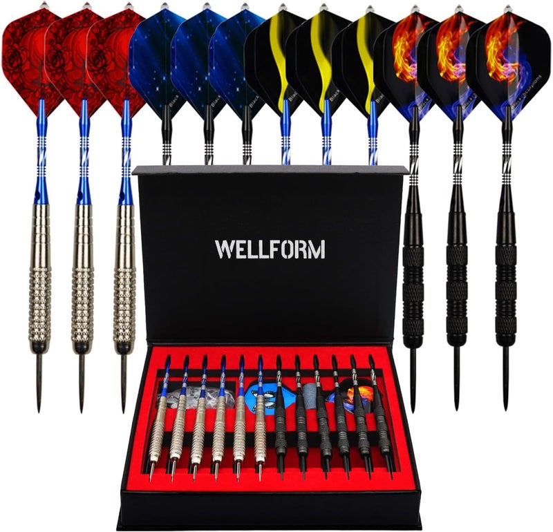 WELLFORM Darts Metal Tip Set，12 Pack 22 Gram with Nonslip Iron Barrel, Darts Steel Tip Set Professional,with 12 Aluminum Dart Shafts, 24 Extra Flights, Dart Sharpener, Dart Wrench, Stylish Gift Box - Image 1